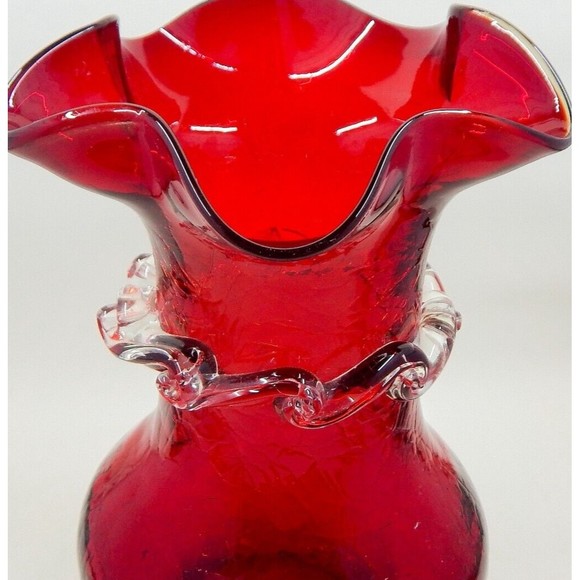 Kanawha Ruby Red Crackle Blown Glass Vase Applied Clear Rigaree Scroll - Picture 8 of 10
